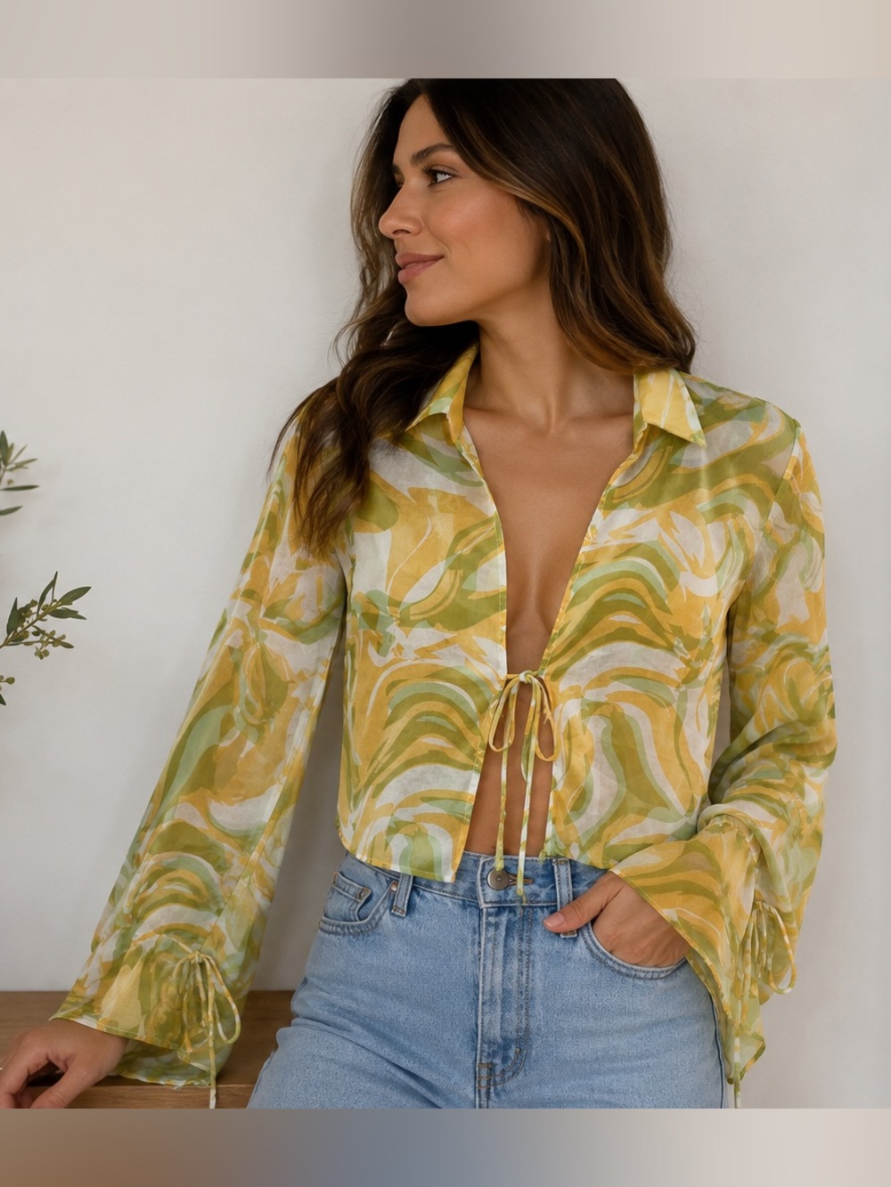 Dress Forum Yellow Green Swirl Tie-Front Blouse